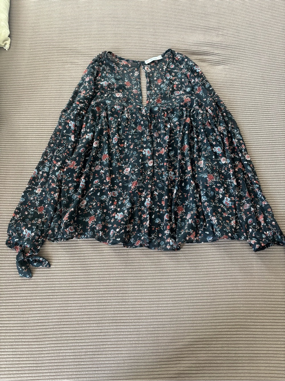 Bershka Black Floral Tie-Sleeve Peasant Top